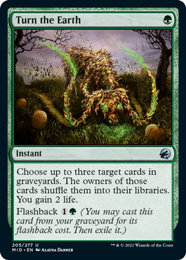 Turn the Earth
 Choose up to three target cards in graveyards. The owners of those cards shuffle them into their libraries. You gain 2 life.
Flashback {1}{G} (You may cast this card from your graveyard for its flashback cost. Then exile it.)